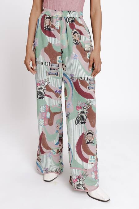 Buy_Doh Tak Keh_Multi Color Rayon Flex 130 Gsm Bollywood Glam Filmy Asymmetric Trouser_Online_at_Aza_Fashions