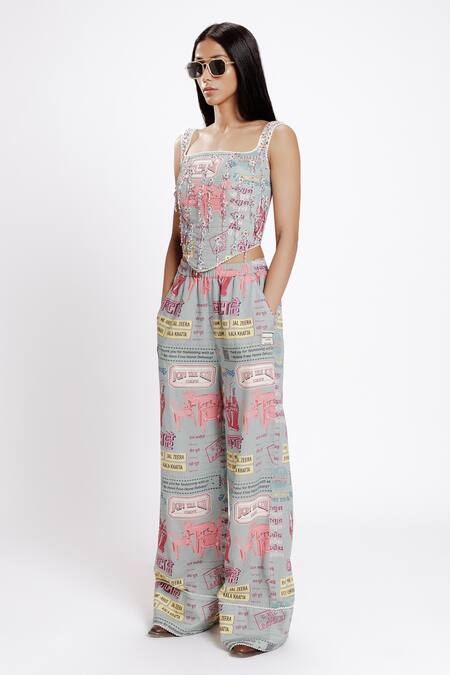 Buy_Doh Tak Keh_Grey Rayon Flex 130 Gsm Print Bantai Square Pearl Embroidered Corset_Online_at_Aza_Fashions