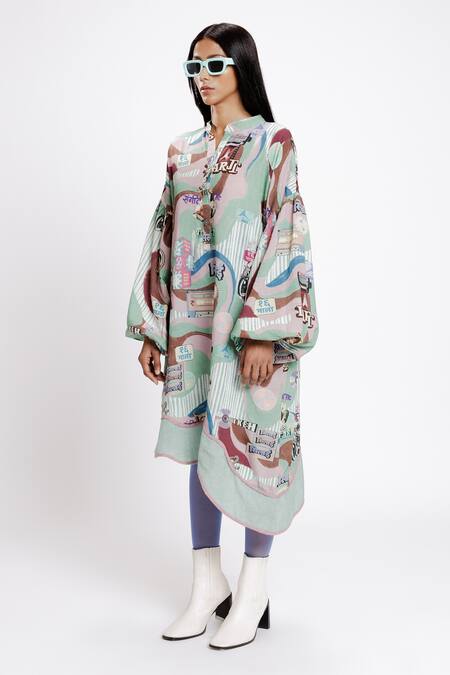 Doh Tak Keh_Multi Color Rayon Embroidery Bandeau Filmy Bollywood Glam Print Asymmetric Dress_Online_at_Aza_Fashions