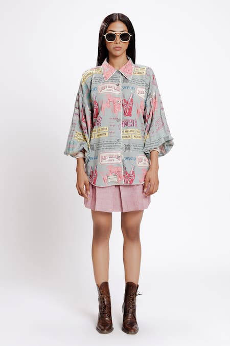 Doh Tak Keh_Grey Rayon Flex 130 Gsm Print Bantai Collar Pearl Embroidered Oversized Shirt_Online_at_Aza_Fashions