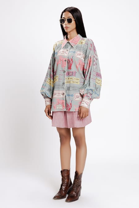Buy_Doh Tak Keh_Grey Rayon Flex 130 Gsm Print Bantai Collar Pearl Embroidered Oversized Shirt_Online_at_Aza_Fashions