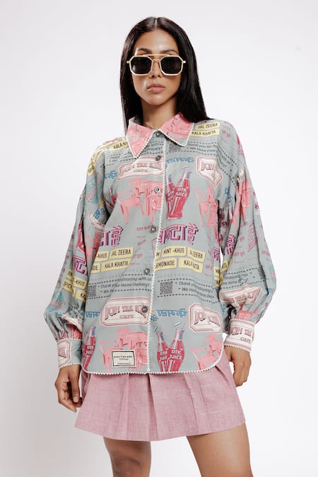 Shop_Doh Tak Keh_Grey Rayon Flex 130 Gsm Print Bantai Collar Pearl Embroidered Oversized Shirt_Online_at_Aza_Fashions