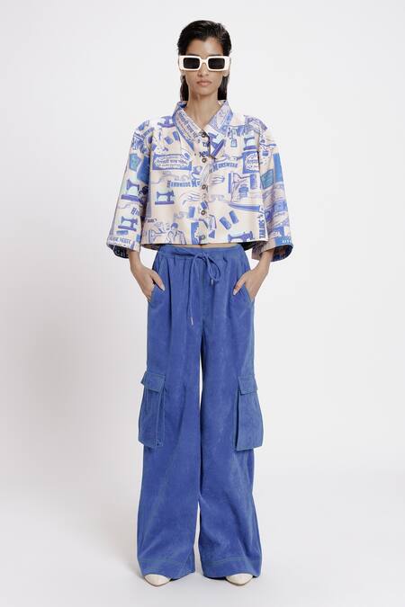 Doh Tak Keh_White Bemberg Twill Satin Print Karkhana Collar Oversized Crop Shirt_Online_at_Aza_Fashions