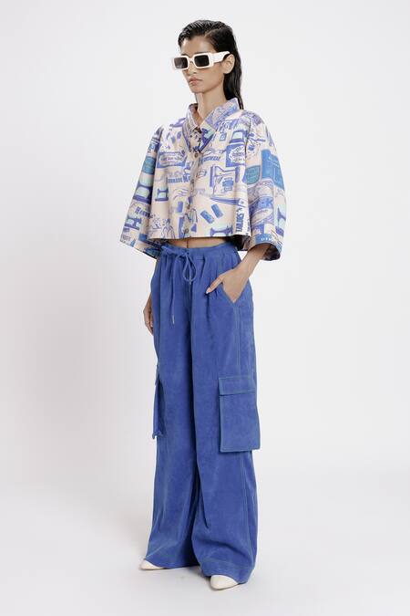 Buy_Doh Tak Keh_White Bemberg Twill Satin Print Karkhana Collar Oversized Crop Shirt_Online_at_Aza_Fashions