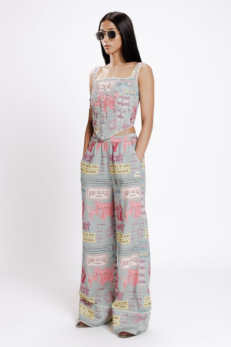 Doh Tak Keh Grey Rayon Flex 130 Gsm Print Bantai Pearl Embroidered Trouser Online at Aza Fashions Doh Tak Keh_Grey Rayon Flex 130 Gsm Print Bantai Pearl Embroidered Trouser_Online_at_Aza_Fashions