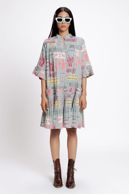 DOH TAK KEH Grey Rayon Flex 130 Gsm Print Bantai Band Collar Pleated Shirt Dress 