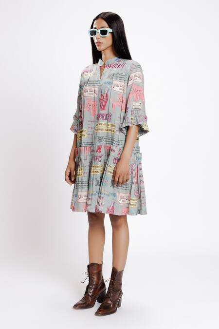 Doh Tak Keh_Grey Rayon Collared Bantai Print Pleated Shirt Dress_Online_at_Aza_Fashions