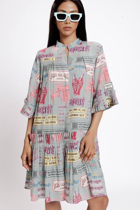 Buy_Doh Tak Keh_Grey Rayon Collared Bantai Print Pleated Shirt Dress_Online_at_Aza_Fashions