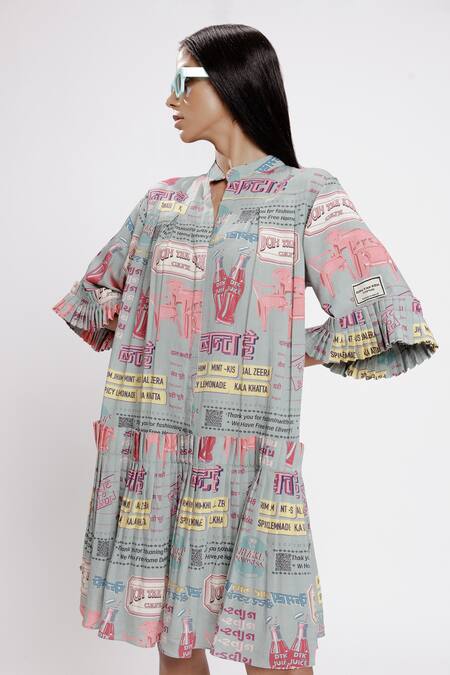 Shop_Doh Tak Keh_Grey Rayon Collared Bantai Print Pleated Shirt Dress_Online_at_Aza_Fashions