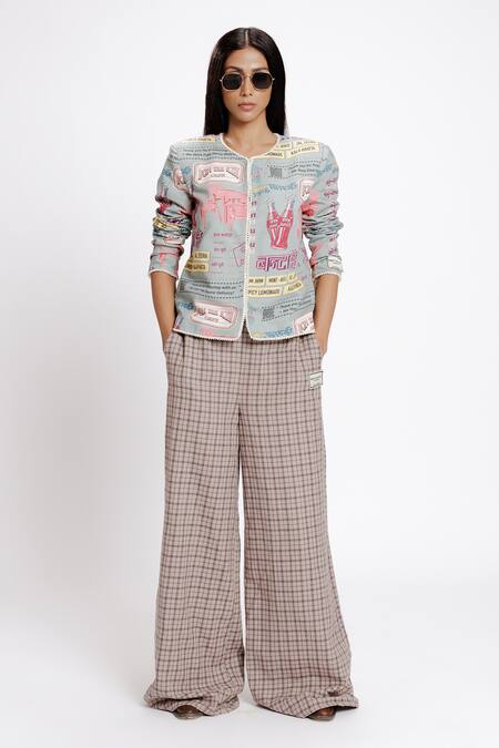 Doh Tak Keh_Grey Rayon Pearls, Lace Round Neck Bantai Print Tweed Jacket_Online_at_Aza_Fashions