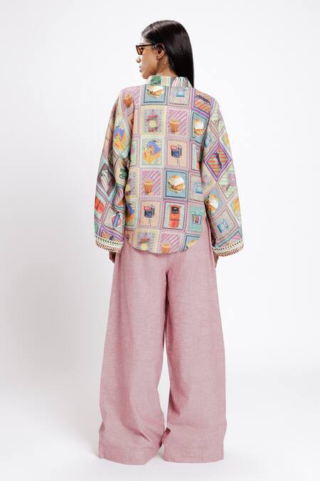 Shop Doh Tak Keh Multi Color Tencel Embroidery, Lace Kaali Peeli Print High Low Cape Shirt at Aza Fashions Shop_Doh Tak Keh_Multi Color Tencel Embroidery, Lace Kaali Peeli Print High Low Cape Shirt_at_Aza_Fashions