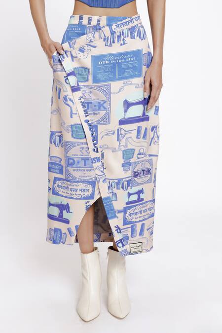 Buy_Doh Tak Keh_White Karkhana Print Asymmetric Wrap Skirt_Online_at_Aza_Fashions