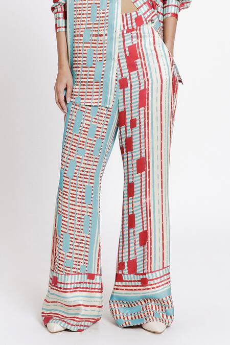 Doh Tak Keh Red Bemberg Twill Satin Print Local Bell Bottom Trouser Online at Aza Fashions Doh Tak Keh_Red Bemberg Twill Satin Print Local Bell Bottom Trouser_Online_at_Aza_Fashions