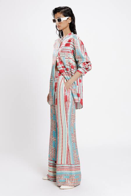 Buy Doh Tak Keh Red Bemberg Twill Satin Print Local Bell Bottom Trouser Online at Aza Fashions Buy_Doh Tak Keh_Red Bemberg Twill Satin Print Local Bell Bottom Trouser_Online_at_Aza_Fashions