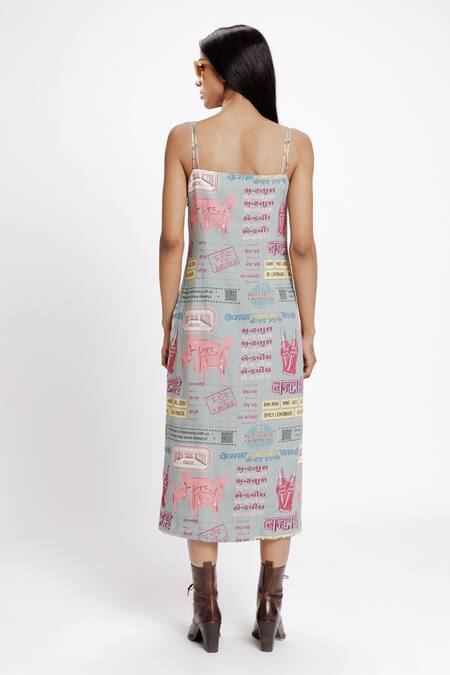 Shop Doh Tak Keh Grey Rayon Square Neck Bantai Print Bodycon Dress at Aza Fashions Shop_Doh Tak Keh_Grey Rayon Square Neck Bantai Print Bodycon Dress_at_Aza_Fashions