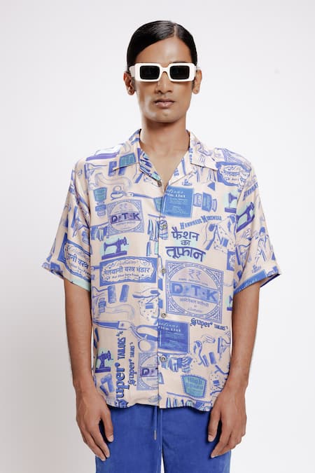 Shop_Doh Tak Keh_Blue Bemberg Twill Satin Printed Karkhana Shirt _at_Aza_Fashions