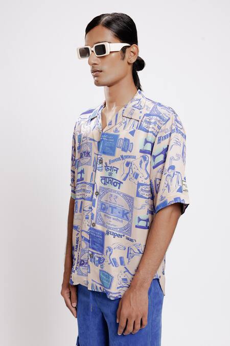 Doh Tak Keh_Blue Bemberg Twill Satin Printed Karkhana Shirt _Online_at_Aza_Fashions