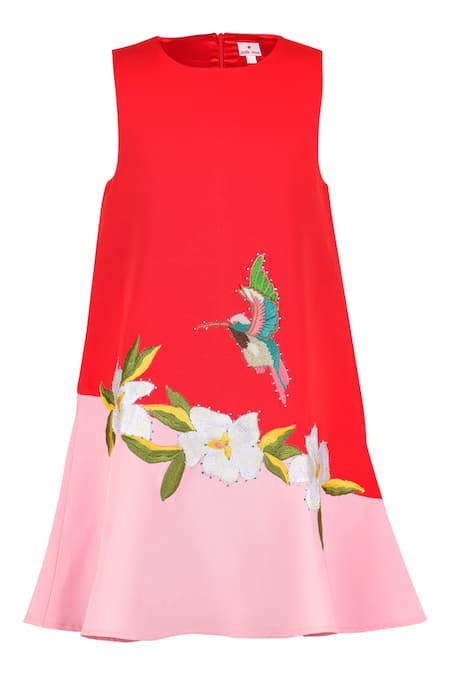 Rang by Lespetits Humming Bird Placement Embroidered Dress 