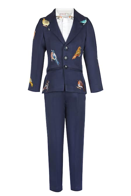 STELLA ROSSA BY LES PETITS Blue Banana Crepe Embroidery Resham Bird Coat Set 