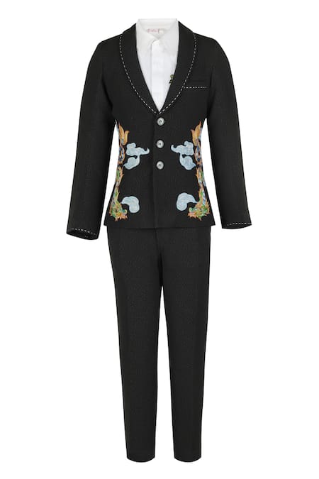 STELLA ROSSA BY LES PETITS White Banana Crepe Embroidery Resham Black Chinese Dragon Suit Set 