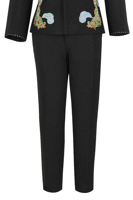 STELLA ROSSA BY LES PETITS_White Crepe Embroidery Black Chinese Dragon Suit Set_Online_at_Aza_Fashions