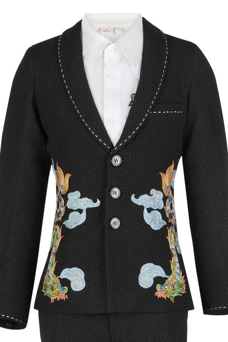 Buy_STELLA ROSSA BY LES PETITS_White Crepe Embroidery Black Chinese Dragon Suit Set_Online_at_Aza_Fashions