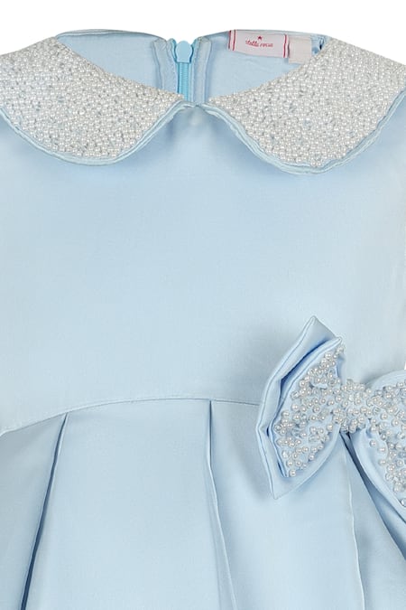 Stella Rossa By Les Petits_Blue Satin Pearls Collar Embellished Gala Dress_Online_at_Aza_Fashions