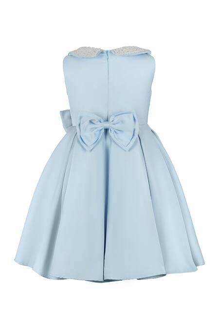 Shop_Stella Rossa By Les Petits_Blue Satin Pearls Collar Embellished Gala Dress_at_Aza_Fashions
