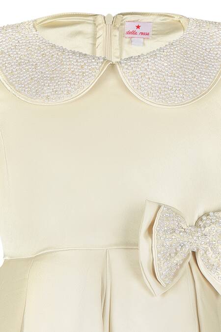 Stella Rossa By Les Petits_Off White Satin Pearls Embellished Gala Dress_Online_at_Aza_Fashions