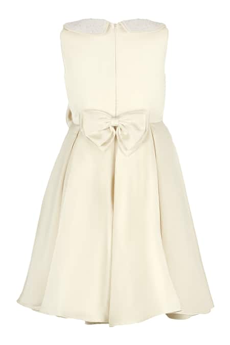 Shop_Stella Rossa By Les Petits_Off White Satin Pearls Embellished Gala Dress_at_Aza_Fashions