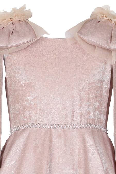 Stella Rossa By Les Petits Beige Satin Beads, Bows Iridescent Placement Embroidered Dress Online at Aza Fashions Stella Rossa By Les Petits_Beige Satin Beads, Bows Iridescent Placement Embroidered Dress_Online_at_Aza_Fashions