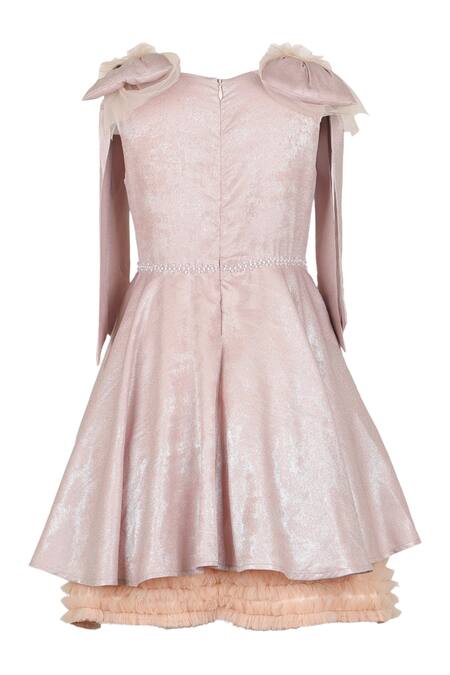 Shop Stella Rossa By Les Petits Beige Satin Beads, Bows Iridescent Placement Embroidered Dress at Aza Fashions Shop_Stella Rossa By Les Petits_Beige Satin Beads, Bows Iridescent Placement Embroidered Dress_at_Aza_Fashions