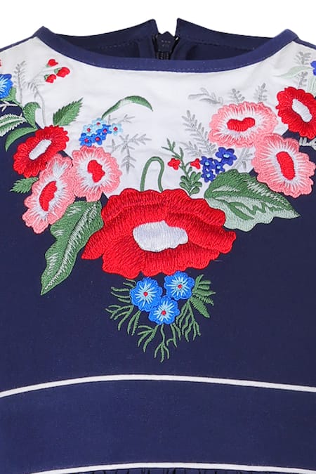 Stella Rossa By Les Petits Blue Crepe Embroidery Garden Neckline Dress Online at Aza Fashions Stella Rossa By Les Petits_Blue Crepe Embroidery Garden Neckline Dress_Online_at_Aza_Fashions