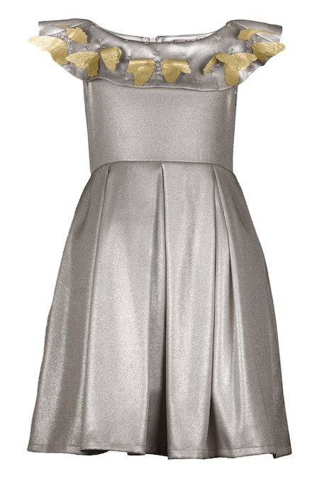 STELLA ROSSA BY LES PETITS Grey Satin Embroidery Butterfly Applique Sparkling Neckline Dress 