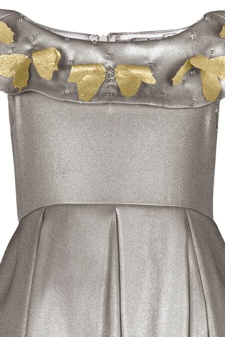 Stella Rossa By Les Petits Grey Satin Applique Sparkling Butterfly Neckline Embroidered Dress Online at Aza Fashions Stella Rossa By Les Petits_Grey Satin Applique Sparkling Butterfly Neckline Embroidered Dress_Online_at_Aza_Fashions