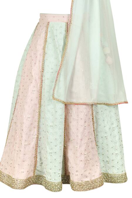 Stella Rossa By Les Petits Pink Chiffon Sequins, Embroidery Colorblock Panelled Lehenga Set Online at Aza Fashions Stella Rossa By Les Petits_Pink Chiffon Sequins, Embroidery Colorblock Panelled Lehenga Set_Online_at_Aza_Fashions