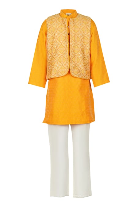 STELLA ROSSA BY LES PETITS Yellow Embroidery Thread Floral Bundi And Kurta Set 