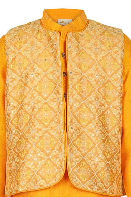 Buy Stella Rossa By Les Petits Yellow Cotton Embroidery, Sequins Floral Bundi And Kurta Set Online at Aza Fashions Buy_Stella Rossa By Les Petits_Yellow Cotton Embroidery, Sequins Floral Bundi And Kurta Set_Online_at_Aza_Fashions