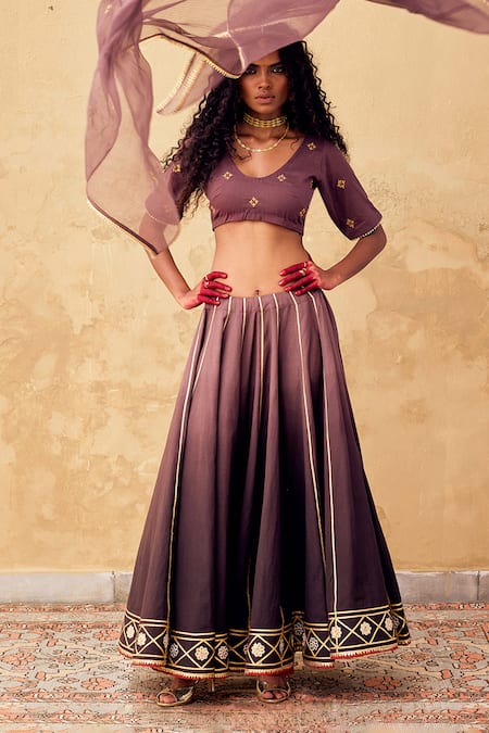 Kharakapas_Wine Kota Doria Embroidery, Patti, Lace Saanjh Dupatta _at_Aza_Fashions