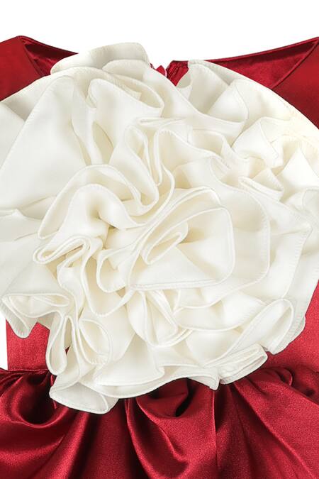 Stella Rossa By Les Petits Red Satin Fabric Flowers Chunky Floral Applique Embroidered Dress Online at Aza Fashions Stella Rossa By Les Petits_Red Satin Fabric Flowers Chunky Floral Applique Embroidered Dress_Online_at_Aza_Fashions