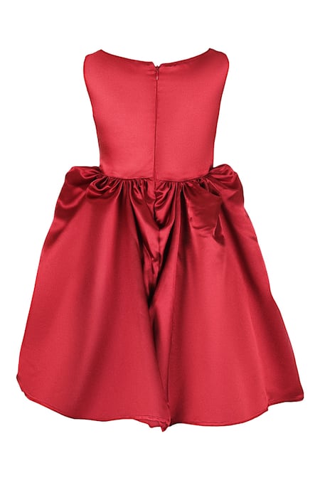 Shop Stella Rossa By Les Petits Red Satin Fabric Flowers Chunky Floral Applique Embroidered Dress at Aza Fashions Shop_Stella Rossa By Les Petits_Red Satin Fabric Flowers Chunky Floral Applique Embroidered Dress_at_Aza_Fashions