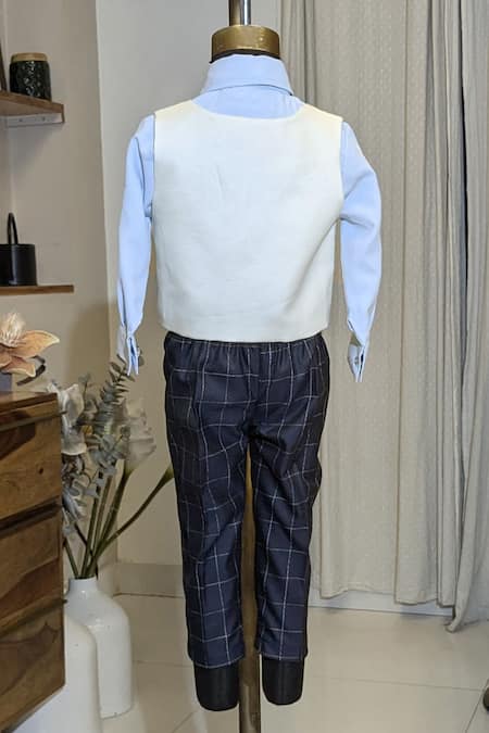 Shop Fayon Kids Blue Cotton Embroidery Waistcoat And Shirt Set at Aza Fashions Shop_Fayon Kids_Blue Cotton Embroidery Waistcoat And Shirt Set _at_Aza_Fashions