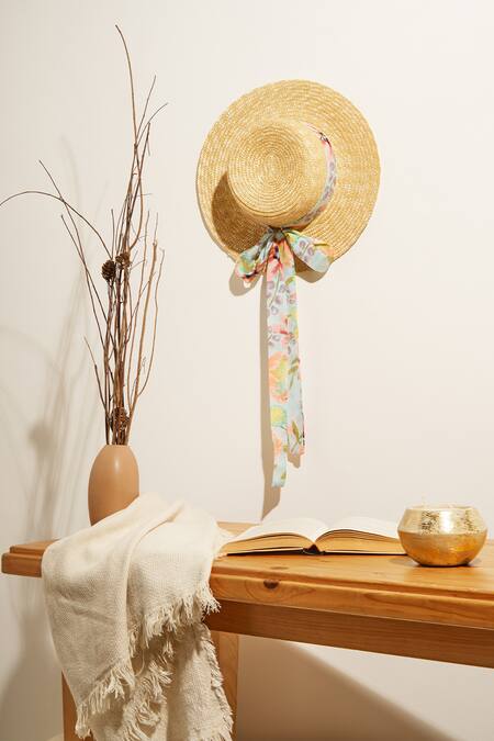 Shop Payal Singhal Accessories Beige Print Floral Bow Poppy Boater Hat at Aza Fashions Shop_Payal Singhal Accessories_Beige Print Floral Bow Poppy Boater Hat_at_Aza_Fashions