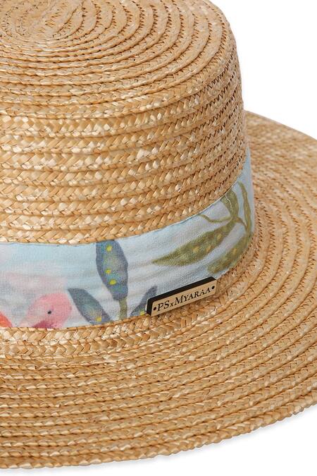 Shop Payal Singhal Accessories Beige Print Floral Bow Poppy Boater Hat Online at Aza Fashions Shop_Payal Singhal Accessories_Beige Print Floral Bow Poppy Boater Hat_Online_at_Aza_Fashions