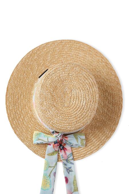 Payal Singhal Accessories Beige Print Floral Bow Poppy Boater Hat at Aza Fashions Payal Singhal Accessories_Beige Print Floral Bow Poppy Boater Hat_at_Aza_Fashions