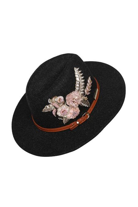Buy_Payal Singhal Accessories_Black Embroidery Floret Panama Hat_Online_at_Aza_Fashions