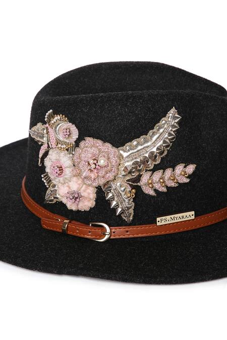 Shop_Payal Singhal Accessories_Black Embroidery Floret Panama Hat_Online_at_Aza_Fashions