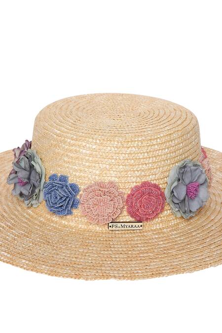 Buy_Payal Singhal Accessories_Beige Embroidery Carnation Wide Brim Boater Hat_Online_at_Aza_Fashions