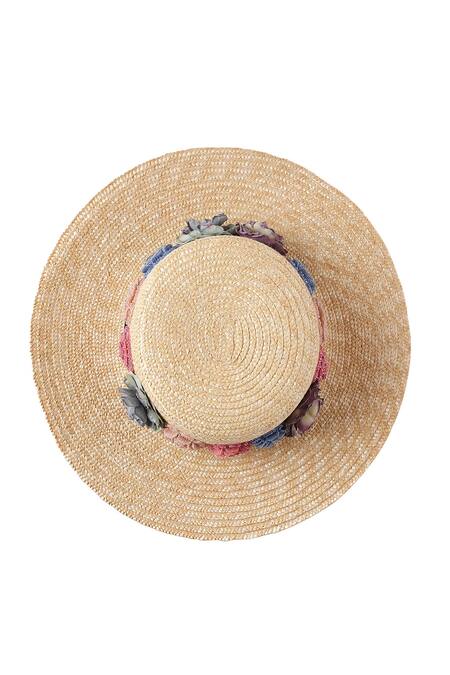Payal Singhal Accessories_Beige Embroidery Carnation Wide Brim Boater Hat_at_Aza_Fashions