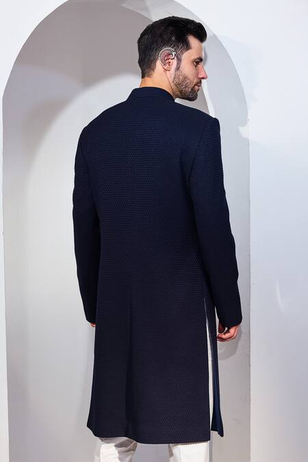 Shop Chatenya Mittal Blue Viscose Diamond Pattern Achkan With Pant at Aza Fashions Shop_Chatenya Mittal_Blue Viscose Diamond Pattern Achkan With Pant_at_Aza_Fashions